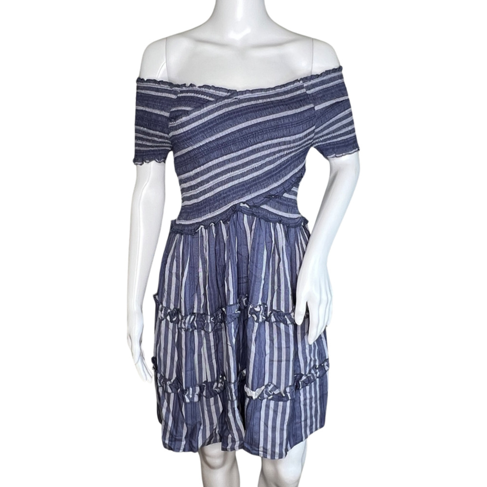 Japna Dress Women Small Blue Striped Short Sleeve Off Shoulder Bohemian Peasant